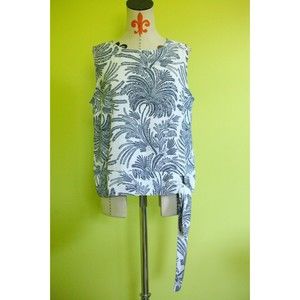 Talbots Sz 12 Sleeveless Tied Hem Round Neck Blouse Top White Blue Floral EUC